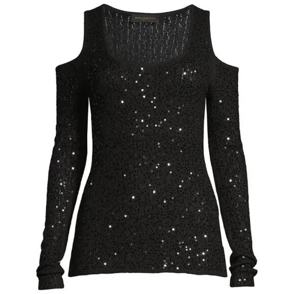 Donna Karan Sequin Knit Cold-Shoulder Sweater Black Size XS NWOT - Picture 5 of 10